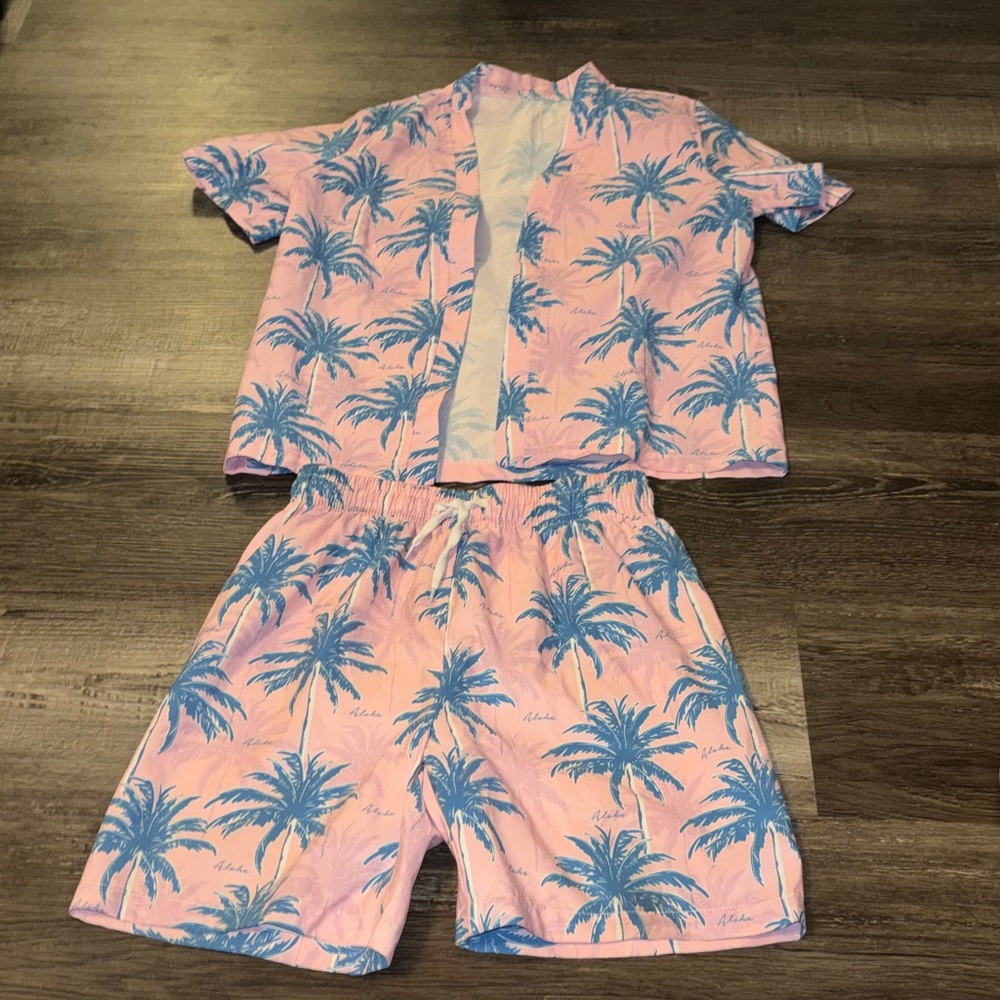 SHEIN Pink and Blue Tropical Palm Kids  Set